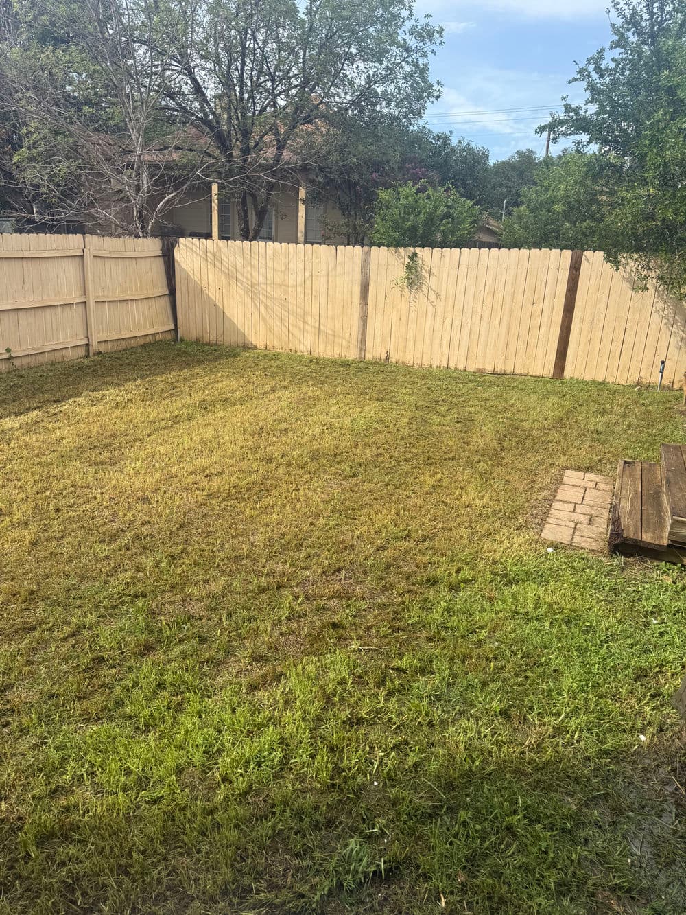 Sunny backyard with freshly mowed grass and wooden deck, enclosed by a wooden fence.
