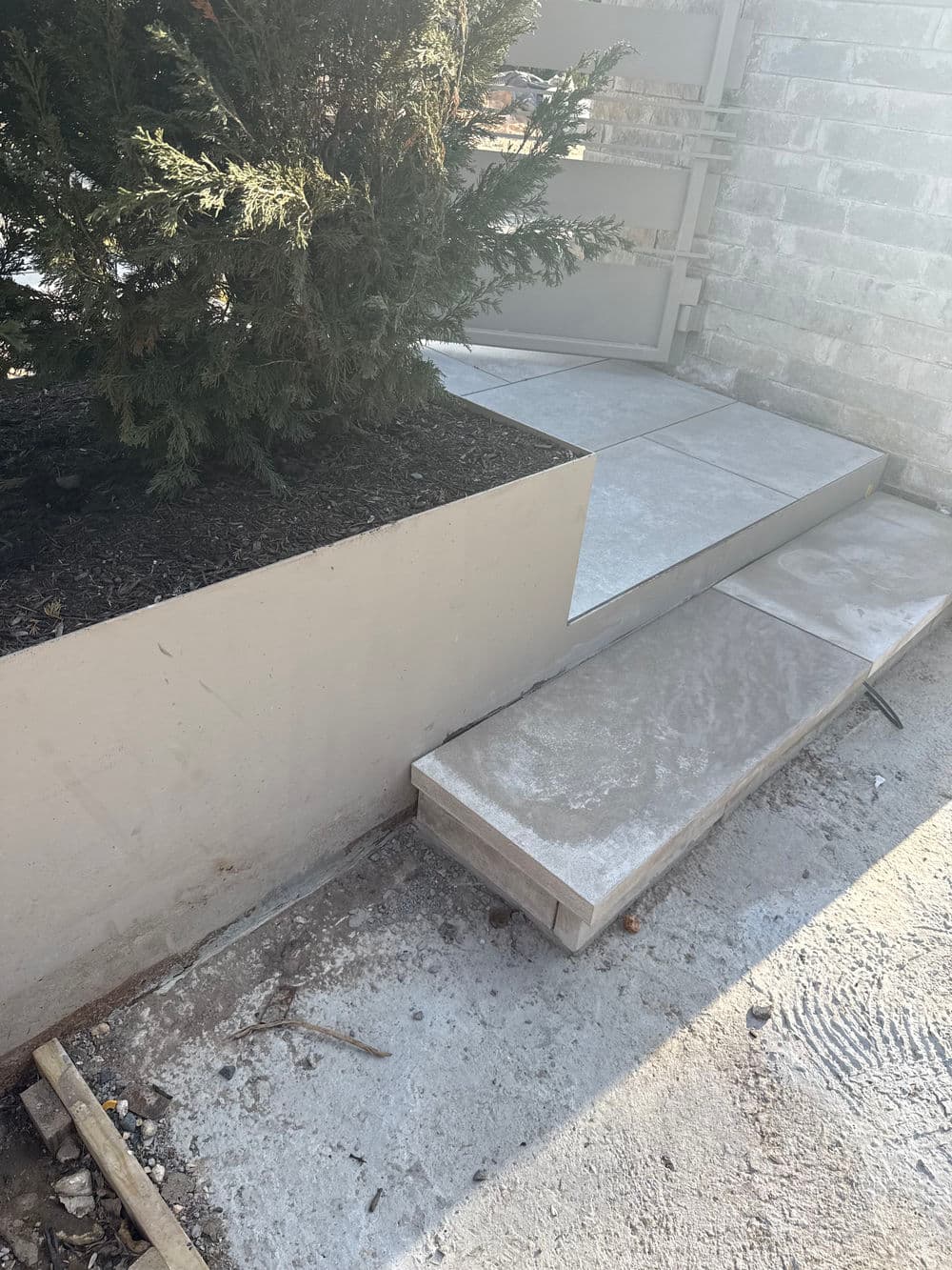 Modern concrete steps leading to landscaped area with a small evergreen bush.